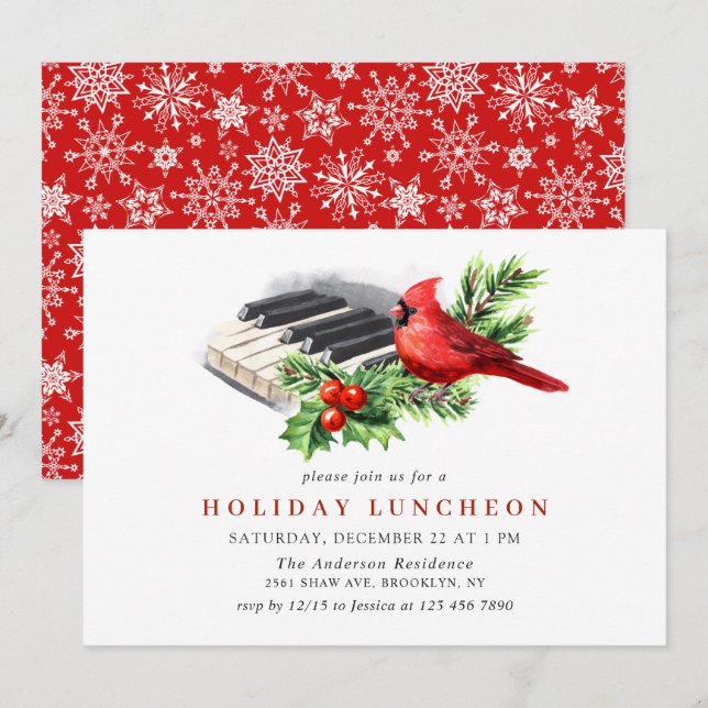 Invitation Cardinal Holly Berry Noël VACANCES DÉJEUNER (Devant / Derrière)