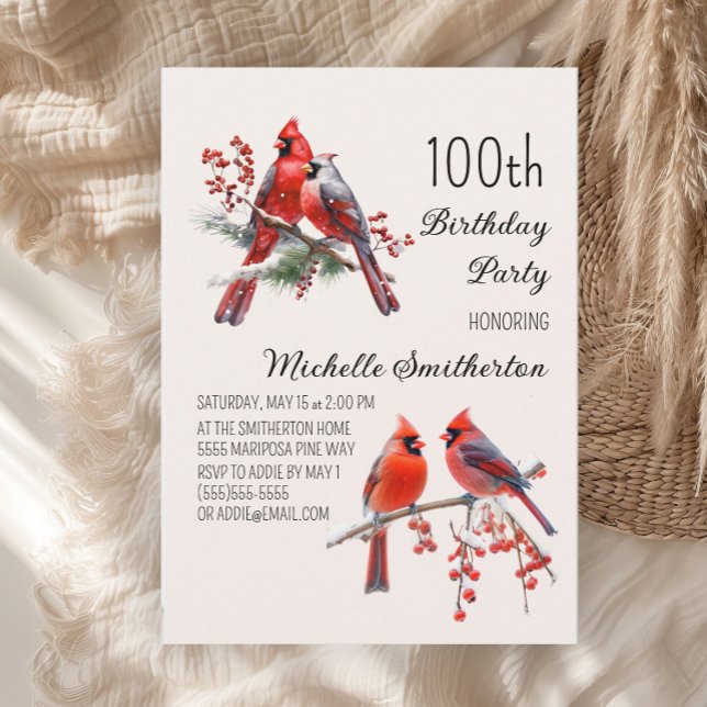 Invitation Cardinaux Neige Oiseaux d'hiver 100e anniversaire (Red cardinals women's 100th birthday party invitation)