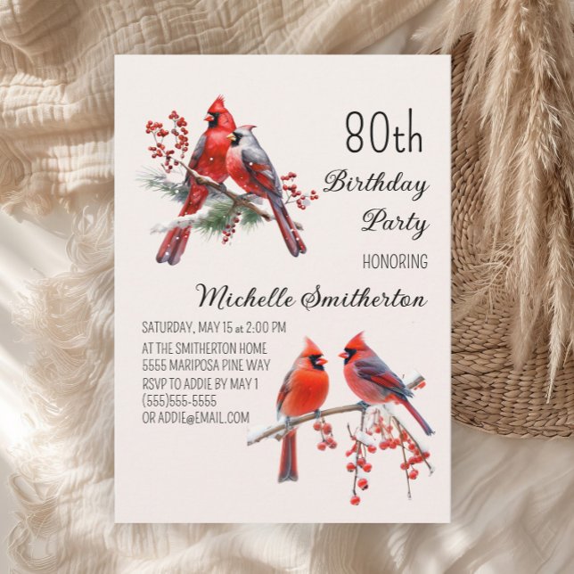 Invitation Cardinaux Neige Oiseaux d'hiver 80e anniversaire (Red cardinals women's 80th birthday party invitation)