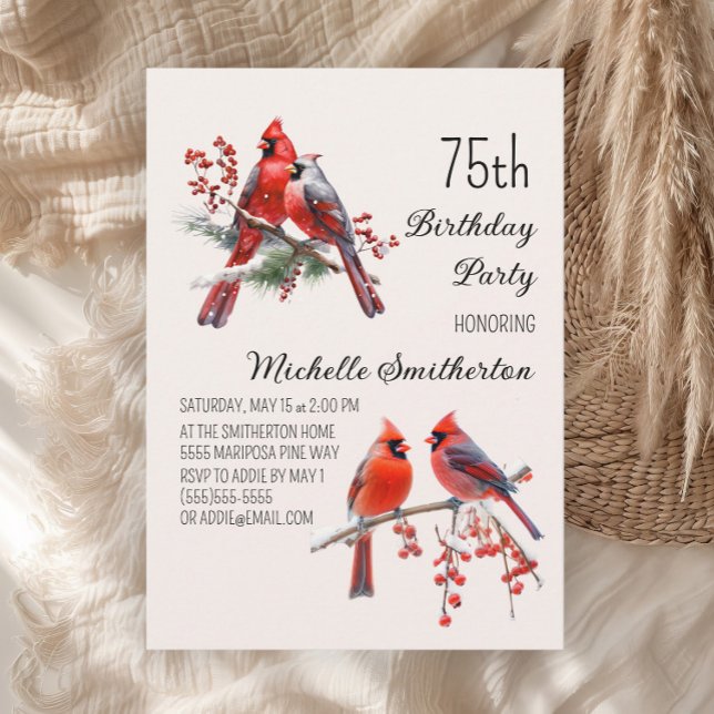 Invitation Cardinaux Neige Oiseaux d'hiver Berries 75e annive (Red cardinals 75th birthday party invitation)