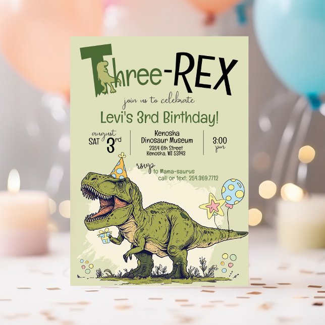 Invitation Caricature de Cute Dinosaur Trois Rex 3e fête d'an (Cute Cartoon T-Rex Dinosaur wearing a birthday hat, Three-Rex 3rd birthday party invitation, green)