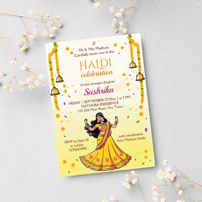 Invitation Caricature de la mariée du mariage indien Haldi pi (Haldi Indian wedding template invitation digital download dancing Indian bride cartoon marigolds)