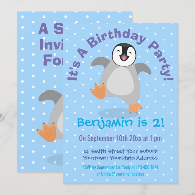 Invitation Caricature de poussin de pingouin joyeux 2 ans (Devant / Derrière)