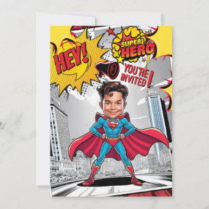 Invitation Caricature de super-héros jaune et rouge personnal