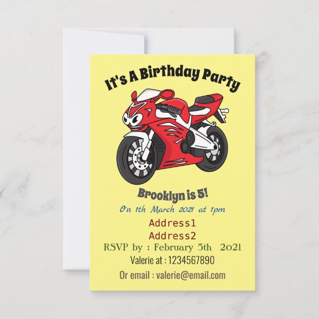 Invitation Caricature moto de sport rouge mou (Devant)