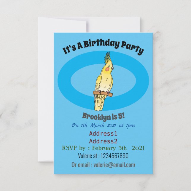 Invitation Caricature pour oiseaux Cockatiel (Devant)