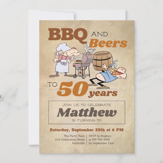 Invitation Caricature rustique BBQ Et Bières 50e anniversaire (Devant)