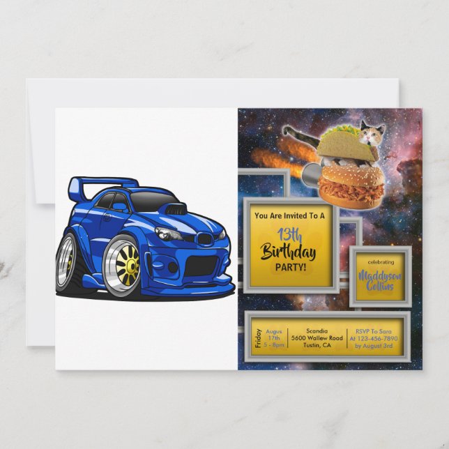 Invitation Caricature sur la vitesse de voiture de muscle ble (Devant)