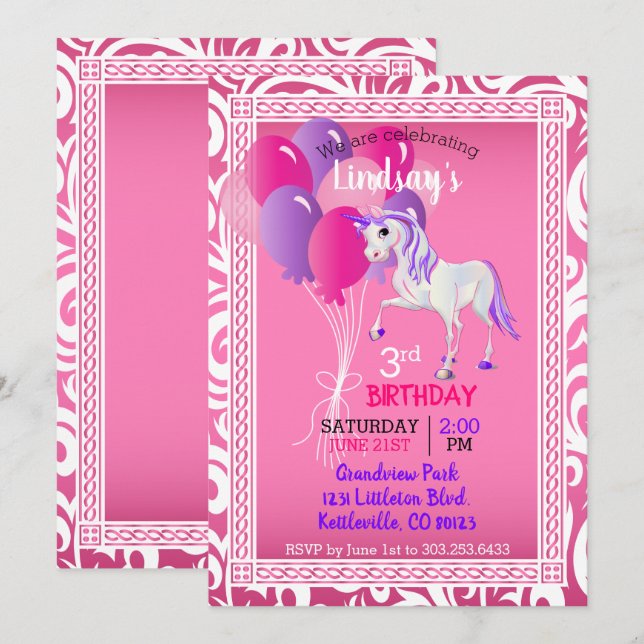Invitation Caricature Unicorn Anniversaire (Devant / Derrière)