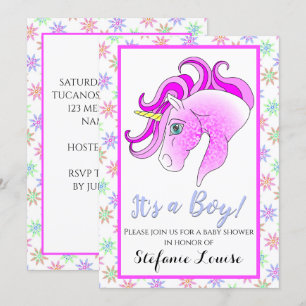 Invitation Caricature Unicorne violet Dapple C'est un garçon