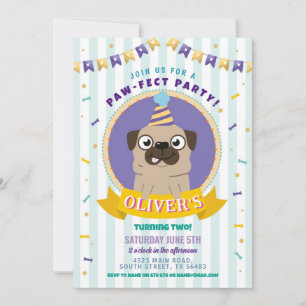 Invitation Carlin Anniversaire Doggy Party Chien Confetti Ble