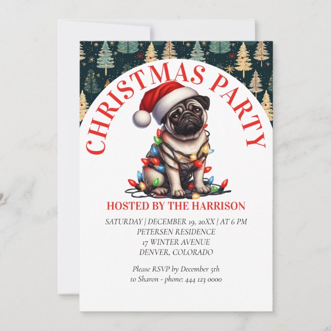 Invitation Carlin Canine Retro Cute Aquarelle Noël (Devant)