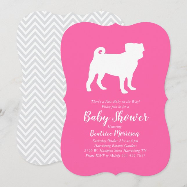 Invitation Carlin chien Baby shower chiot rose fille (Devant / Derrière)