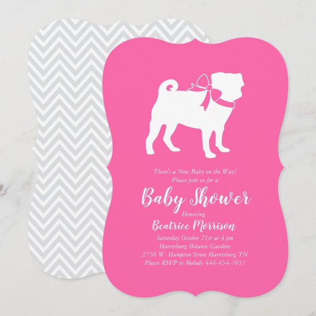 Invitation Carlin Party Chien Baby shower chiot rose fille (Devant / Derrière)