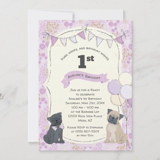 Invitation Carlins et baisers Chien chiot photo Anniversaire (Devant)