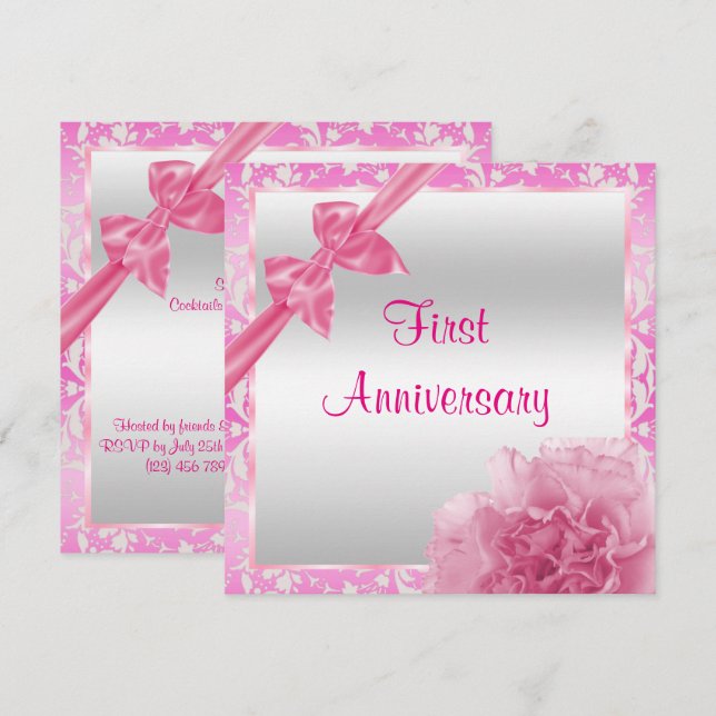 Invitation Carnation Élégante & Ruban 1er Anniversaire de Mar (Devant / Derrière)