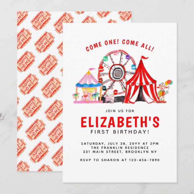 Invitation Carnaval Cirque Tente Clown Show Party Enfant Anni (Devant / Derrière)
