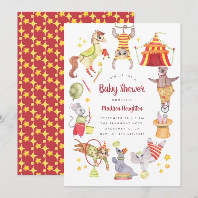 Invitation Carnaval d'Aquarelle mignonne Cirque Baby shower a (Devant / Derrière)