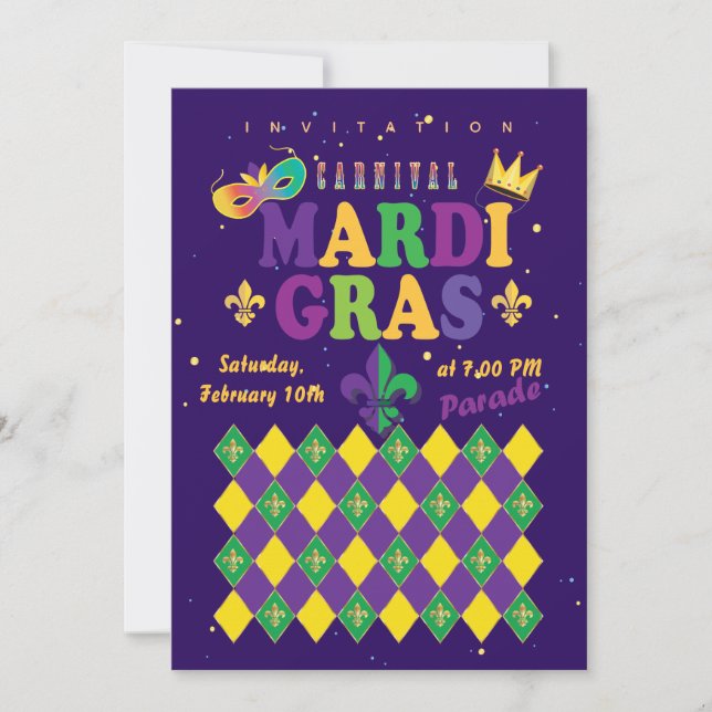 Invitation Carnaval de Mardi Gras Fleur de Lis Diamond Harleq (Devant)