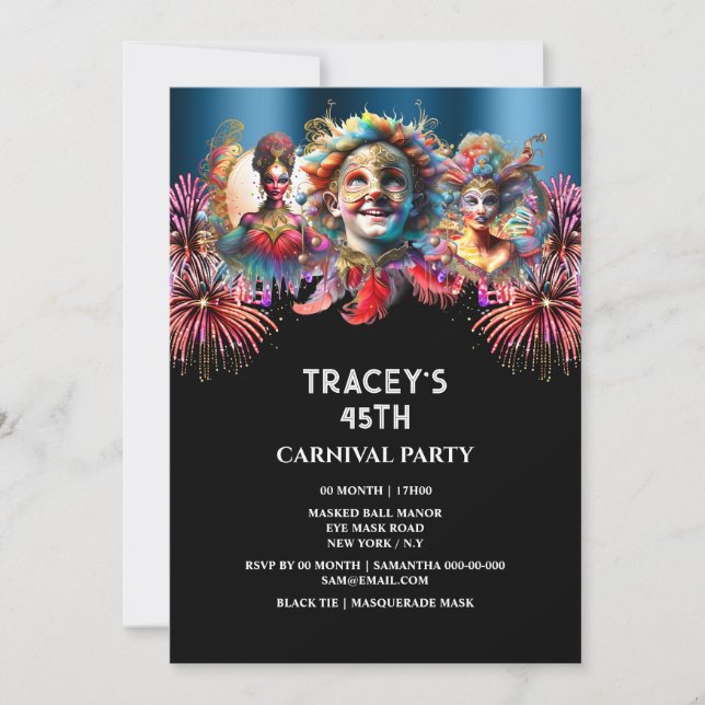 Invitation Carnaval nuit feu d'artifice de cirque mascarade b (Devant)