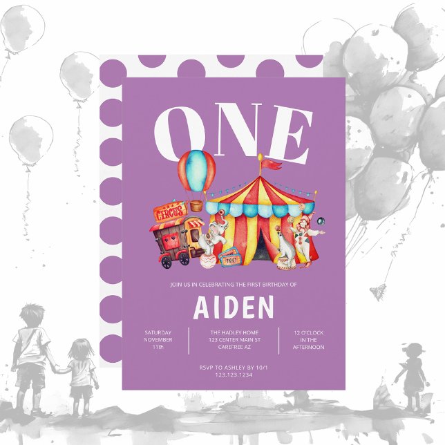 Invitation Carnival Circus Big Top Purple 1er Anniversaire (Créateur téléchargé)