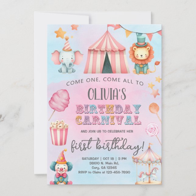 Invitation Carnival / Circus pink girl birthday invitation. (Devant)
