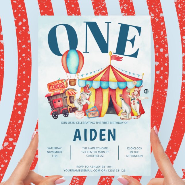 Invitation Carnival Cirque Big Top Blue 1er Anniversaire (Créateur téléchargé)