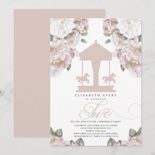 Invitation Carousel Floral Rose doux Deuxième anniversaire (Devant / Derrière)