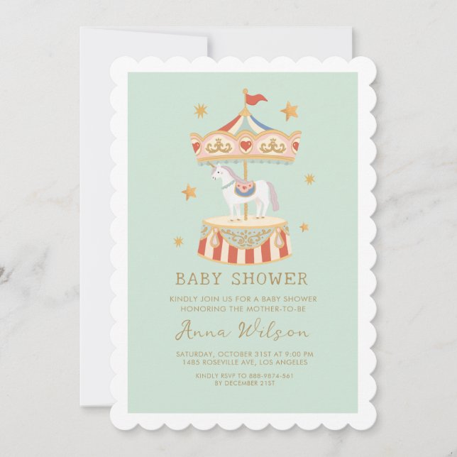 Invitation Carousel Pastel Sage Green Cute Baby shower (Devant)