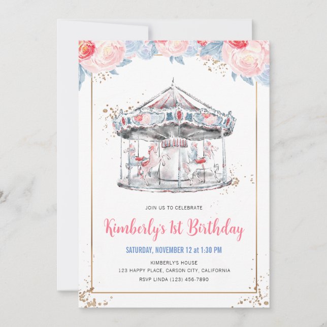 Invitation Carousel Wonderland Anniversaire rose (Devant)