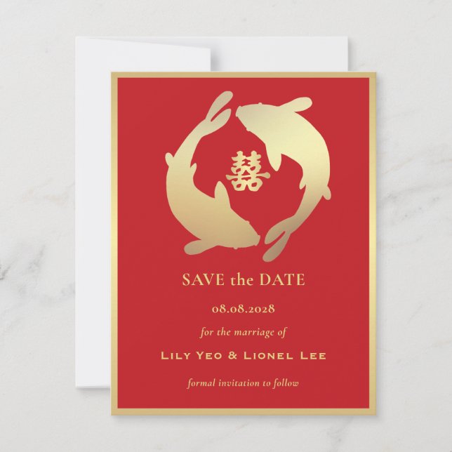 Invitation Carpe Koï Doré et Double Félicité | Sauvegarder la (Devant)