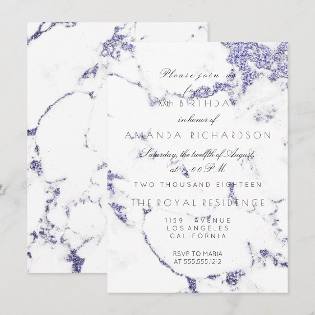 Invitation Carrara Marbre blanc Indigo Marine Parties scintil (Devant / Derrière)