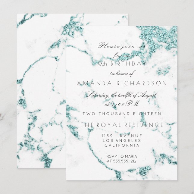 Invitation Carrara Marbre Blanc Tiffany Aqua Paillettes Anniv (Devant / Derrière)