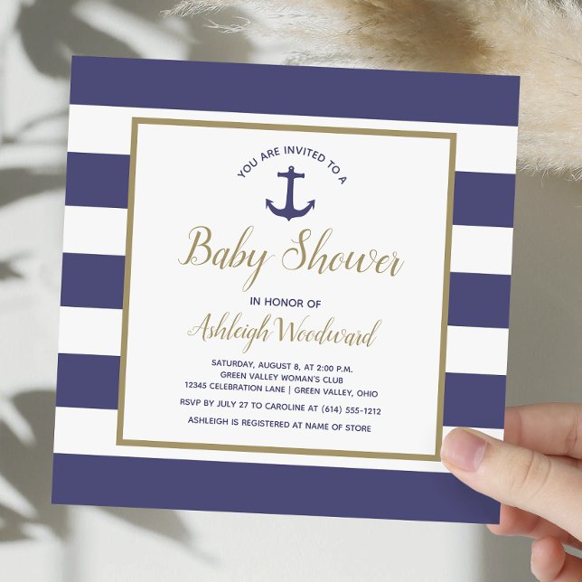 Invitation Carré Ancre nautique Baby shower de garçon bleu ma (Créateur téléchargé)