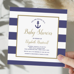 Invitation Carré Bleu Marine Ancre Garçon Baby Shower