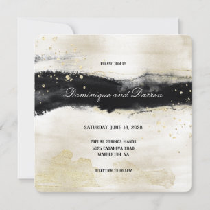 Invitation Carré Champagne Gold & Black Watercolor Mariage