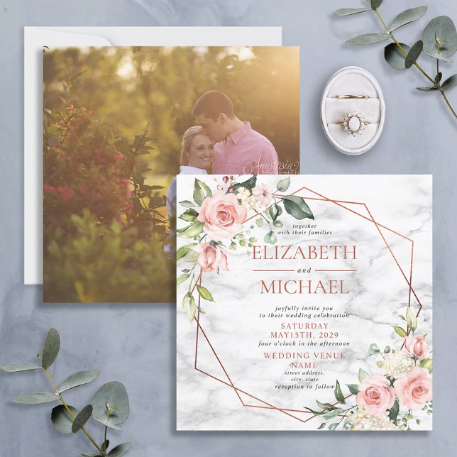 Invitation Carré Cuivre Géométrique Marbre rose floral Photo (Créateur téléchargé)