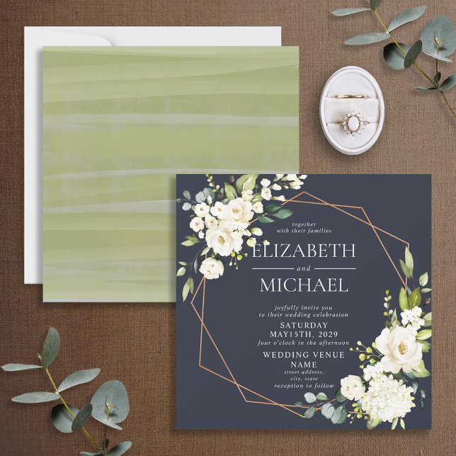 Invitation Carré Cuivre Géométrique Marine Bleu Blanc Floral (Créateur téléchargé)