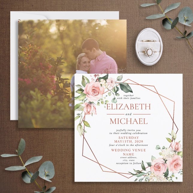 Invitation Carré Cuivre Géométrique Peach rose Floral Photo (Créateur téléchargé)