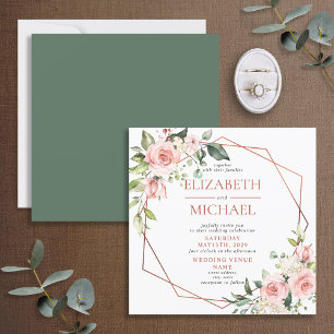Invitation Carré Cuivre Mariage géométrique Floral Eucalyptus