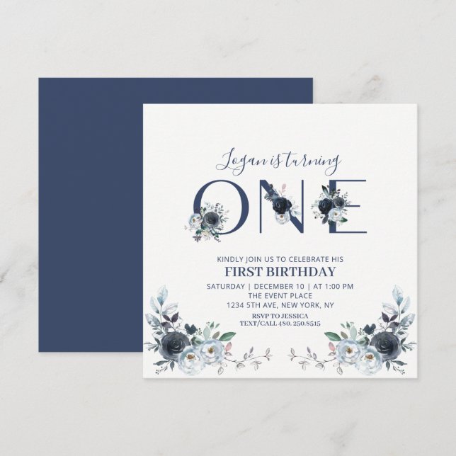 Invitation Carré d'anniversaire garçon floral boho bleu marin (Devant / Derrière)
