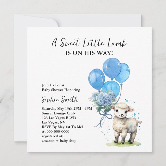 Invitation Carré d'aquarelle doux Baby shower d'agneau (Devant)
