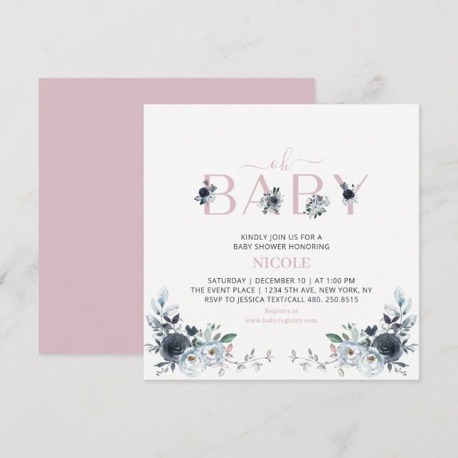 Invitation Carré de Baby shower Floral Navy & Pink Boho (Devant / Derrière)