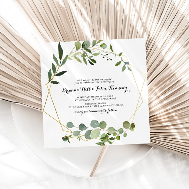 Invitation Carré de calligraphie Eucalyptus cadre or Mariage (Créateur téléchargé)