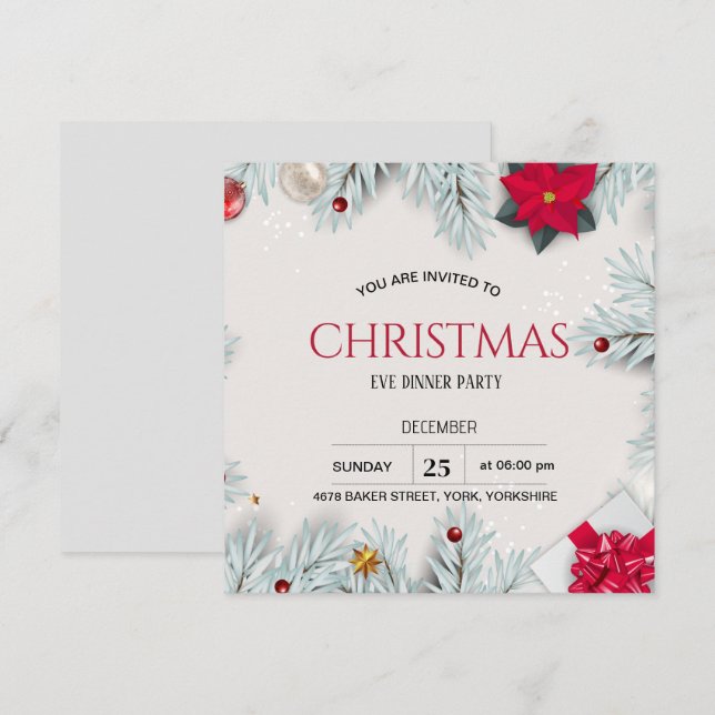Invitation Carré de fête de Noël floral et élégant (Devant / Derrière)