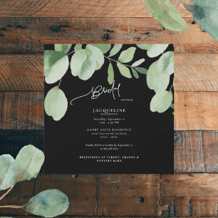 Invitation Carré de Fête des mariées noir Eucalyptus en casca