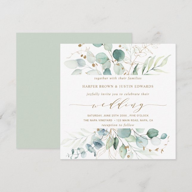 Invitation Carré de Mariage Botanique Gold et Green Elegant (Devant / Derrière)