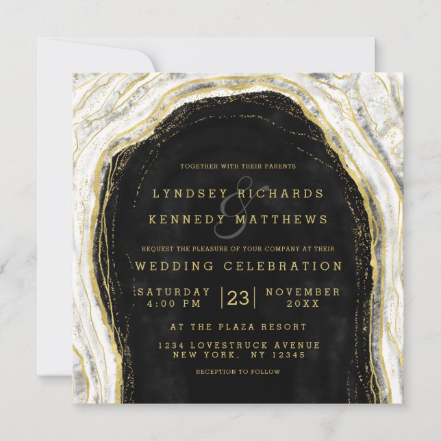Invitation Carré de Mariage de tranche noire blanche et or (Devant)