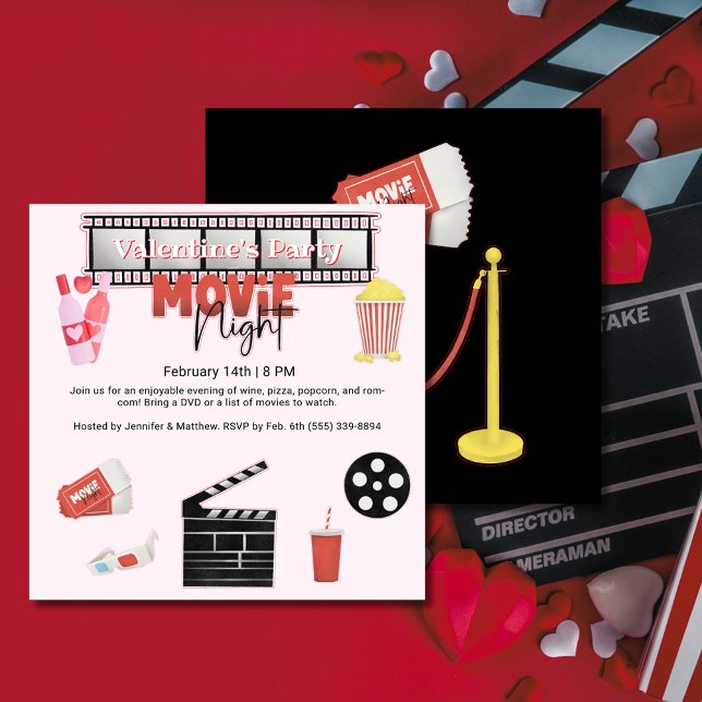 Invitation Carré de soirée de la Saint Valentin (Valentine's Party Movie Night Square Invitation)