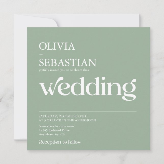 Invitation Carré de typographie moderne Photo Sage Mariage ve (Devant)
